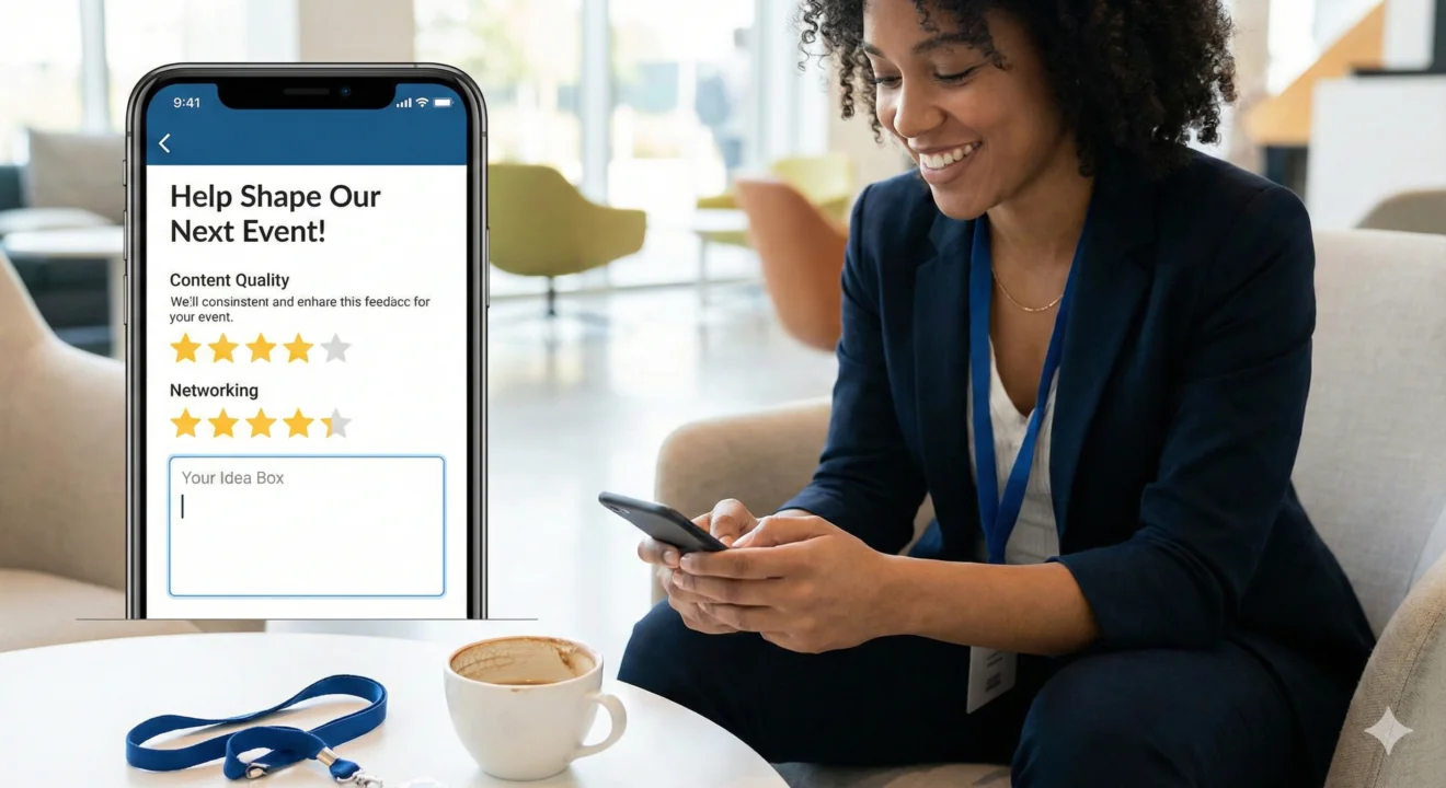 L'enquête présente des évaluations par étoiles pour "Content Quality" et "Networking", ainsi qu'un champ de texte libre étiqueté "Your Idea Box".
