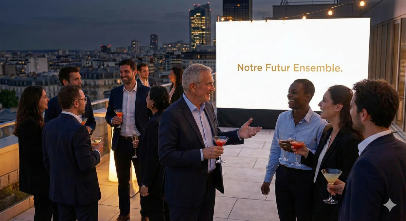 Un groupe de collègues discute et partage des cocktails lors d'une soirée d'entreprise sur un toit-terrasse parisien.