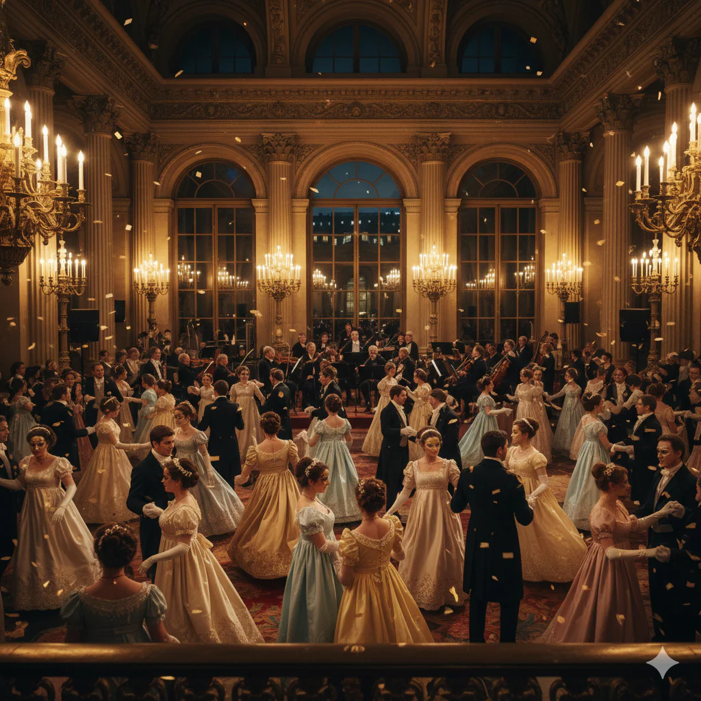 Personne qui danse dans une salle de bal. En costume des années  XIX e 