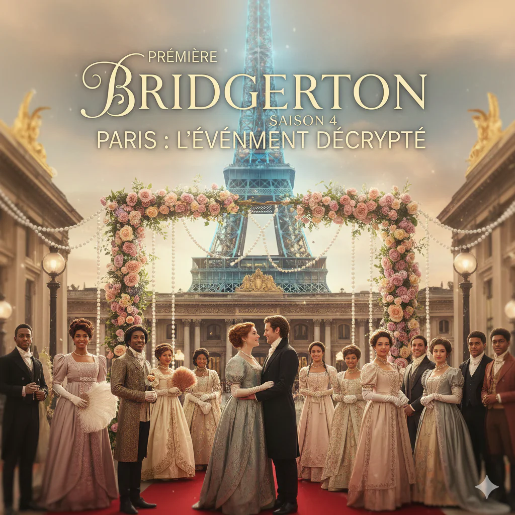 Le casting de la serie Bridgerton devant la Tour Eiffel.