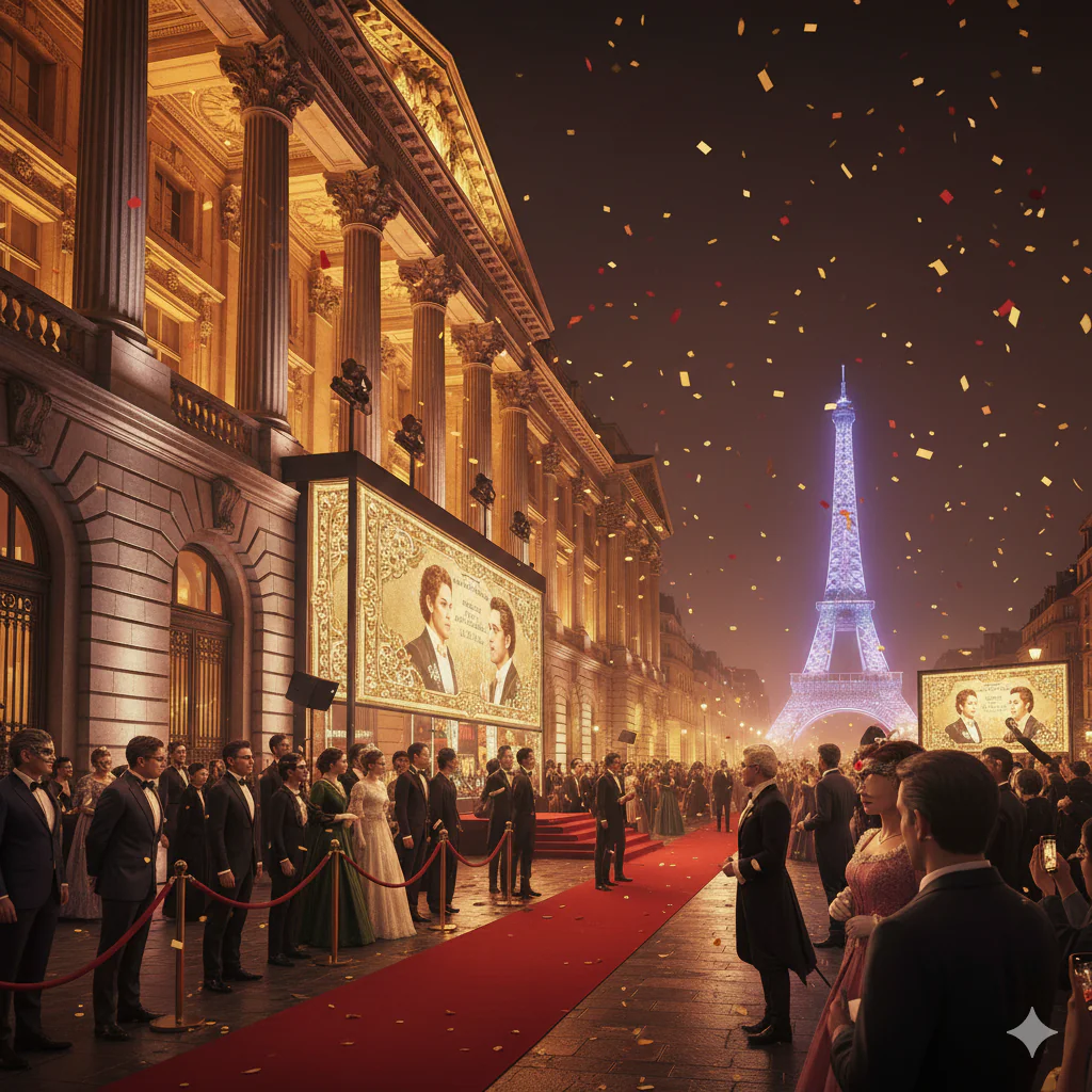 Tapis rouge avec les participants devant le Palais Brongniart 