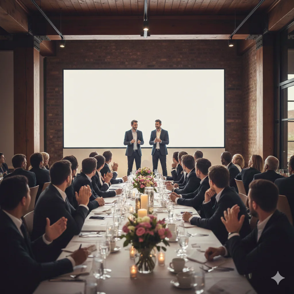 Scène réelle d'un événement d'entreprise illustrant le collectif réuni autour d'une vision commune lors d'un moment de partage