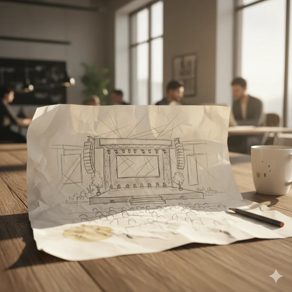Un dessin manuel détaillé d'une scène événementielle sur un papier froissé, posé sur une table en bois avec un café.