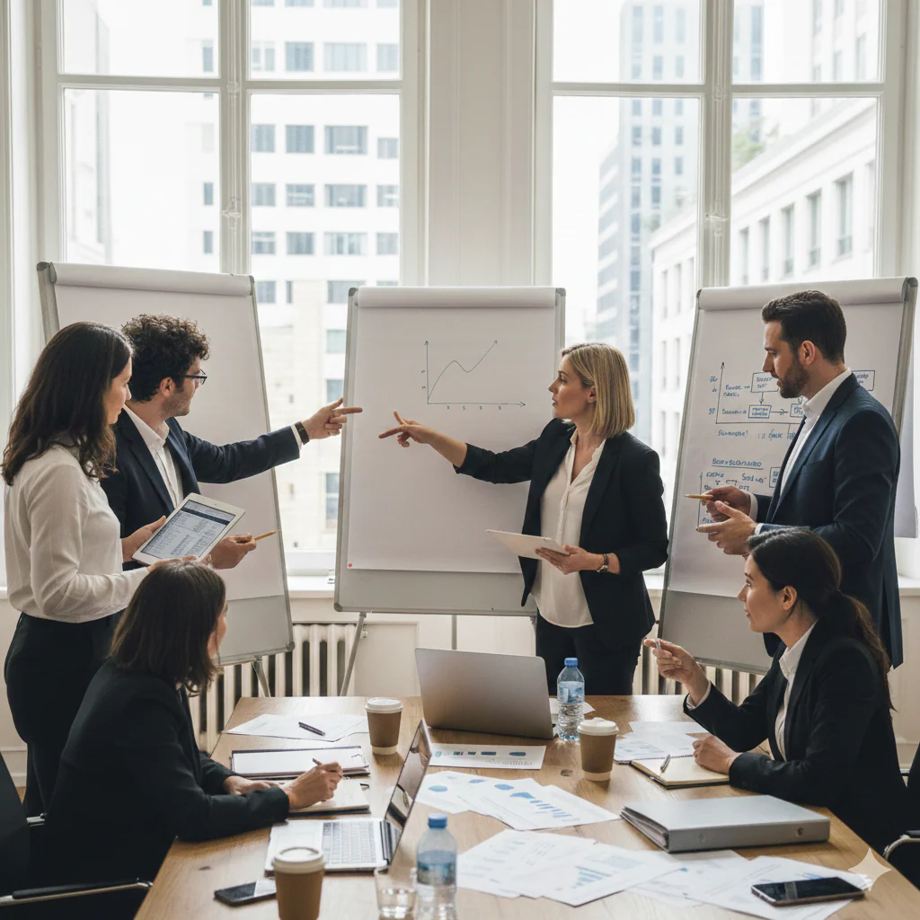 Travail collaboratif en bureau lumineux autour de paperboards et d'ordinateurs.