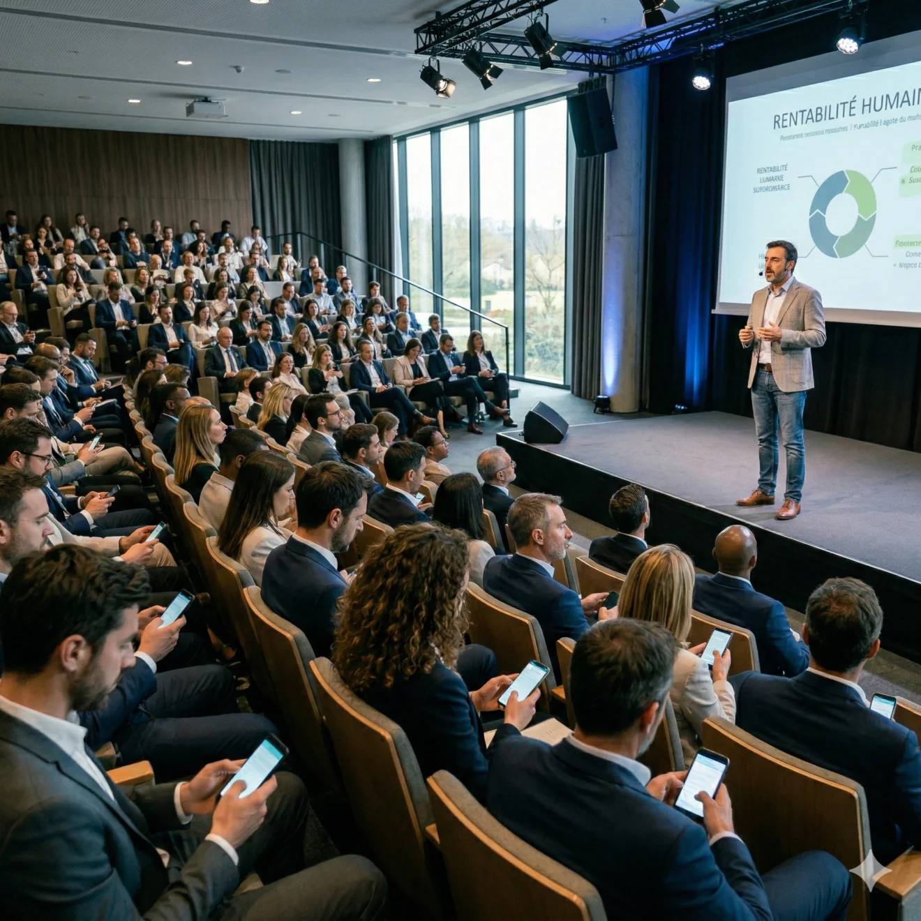 Une conférence animée où un orateur présente la "Rentabilité Humaine" devant une audience attentive utilisant ses smartphones pour interagir en temps réel.
