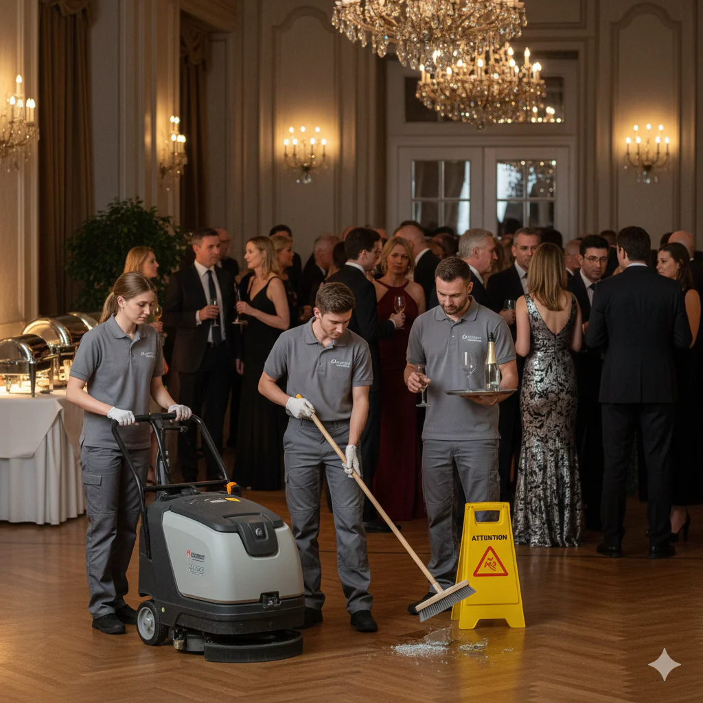 Équipe de nettoyage professionnel intervenant discrètement lors d'une réception de gala pour nettoyer un verre cassé avec une autolaveuse et un balai.
