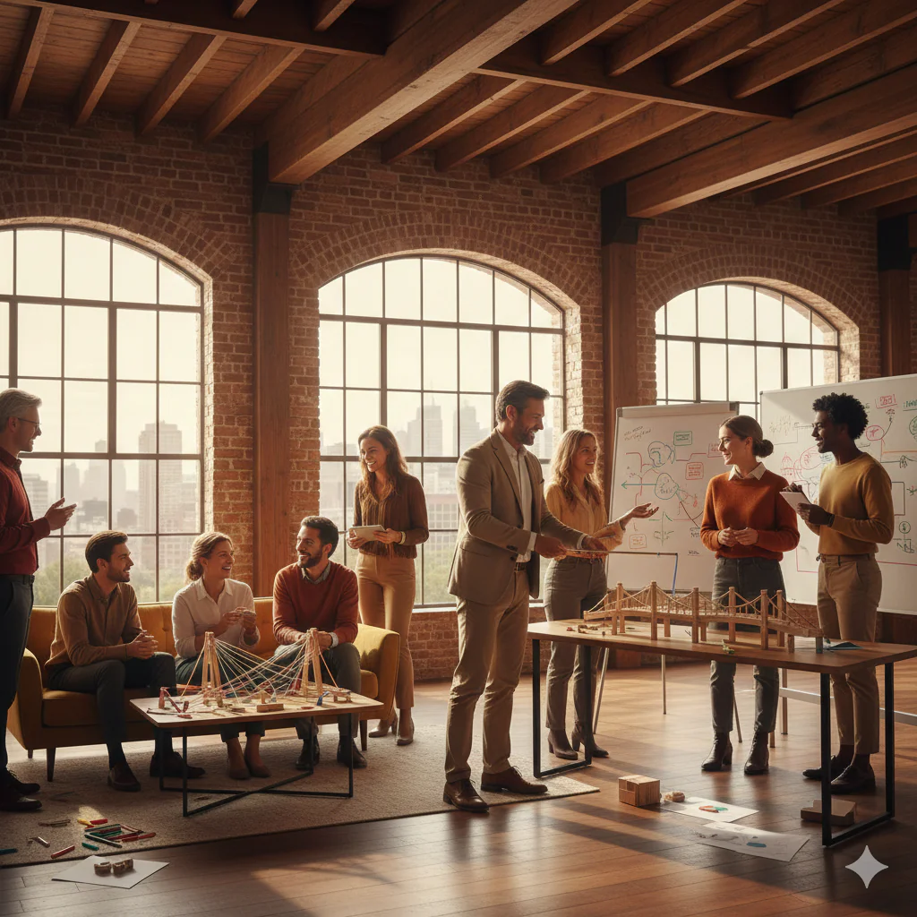 Groupe de professionnels en pleine interaction stratégique et créative dans un bureau moderne et chaleureux. L'image souligne le passage de la simple logistique à un management humain, favorisant la synergie et les échanges informels au sein de l'entreprise.