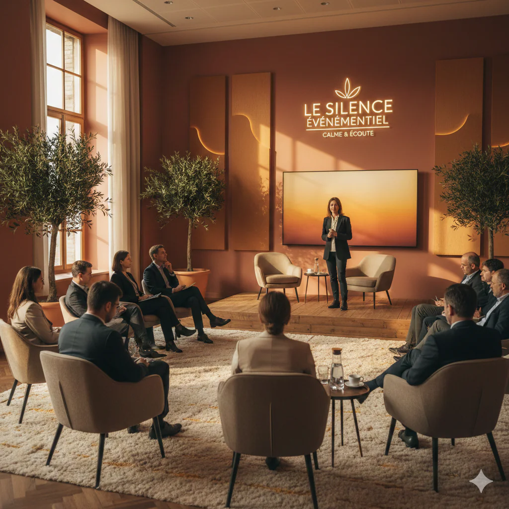 Une salle de conférence à l'ambiance feutrée et aux tons ocre, décorée d'oliviers en pots. Une oratrice s'adresse à un petit groupe de professionnels assis confortablement dans des fauteuils design. L'éclairage naturel et les matériaux organiques (bois, tapis épais) illustrent la réduction de la fatigue cognitive par un cadre apaisant.