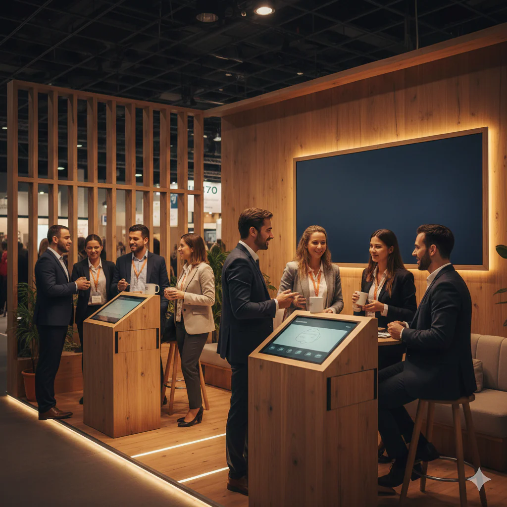 Échanges spontanés et accueil qualitatif dans un espace lounge moderne et épuré.