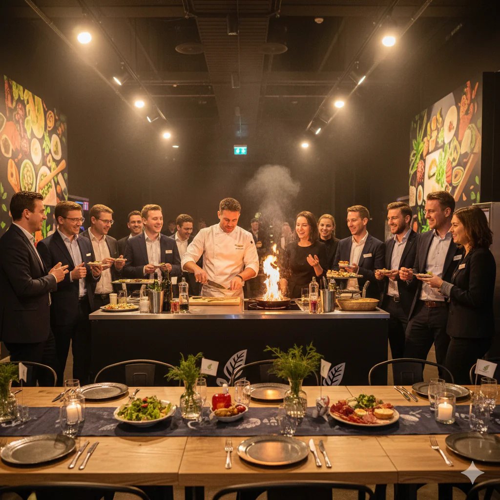 Un moment de spectacle culinaire où un chef réalise un flambage devant des collaborateurs captivés. L'image illustre le dynamisme, le partage et l'émotion collective au cœur de l'événement.