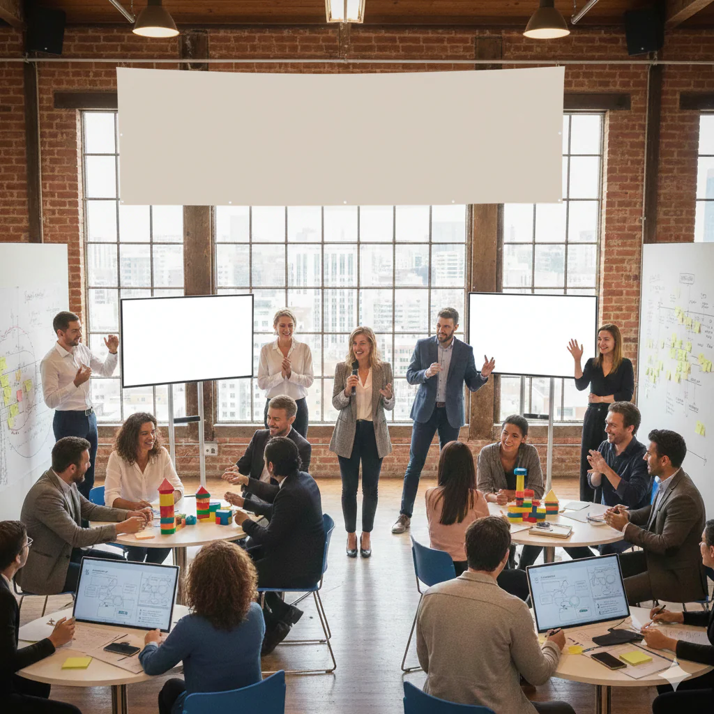 Une équipe participe à un atelier interactif dans un espace de style loft, avec des présentations sur écrans et des activités de groupe.