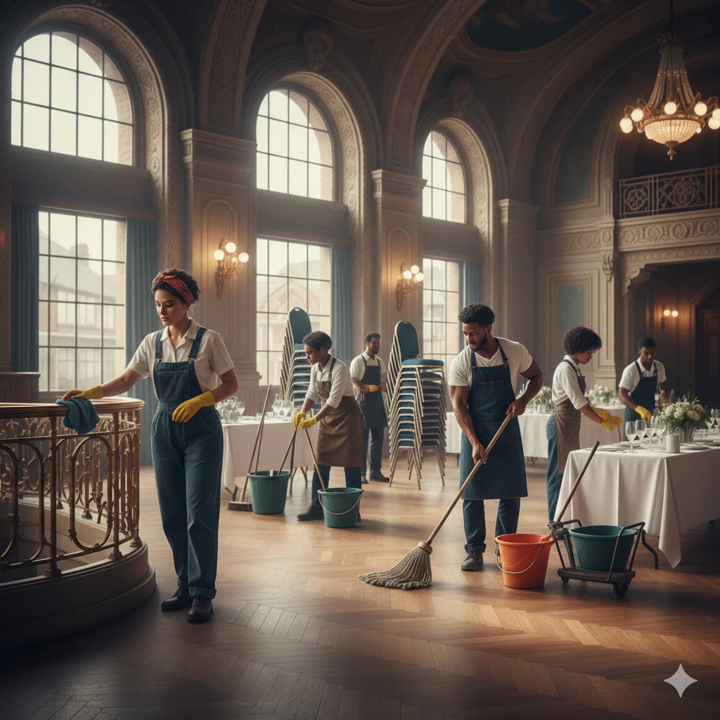 "Une équipe de professionnels du nettoyage en tenue de travail s'activant avec soin dans une salle de réception prestigieuse aux hauts plafonds et lustres anciens, préparant le lieu pour un événement élégant.