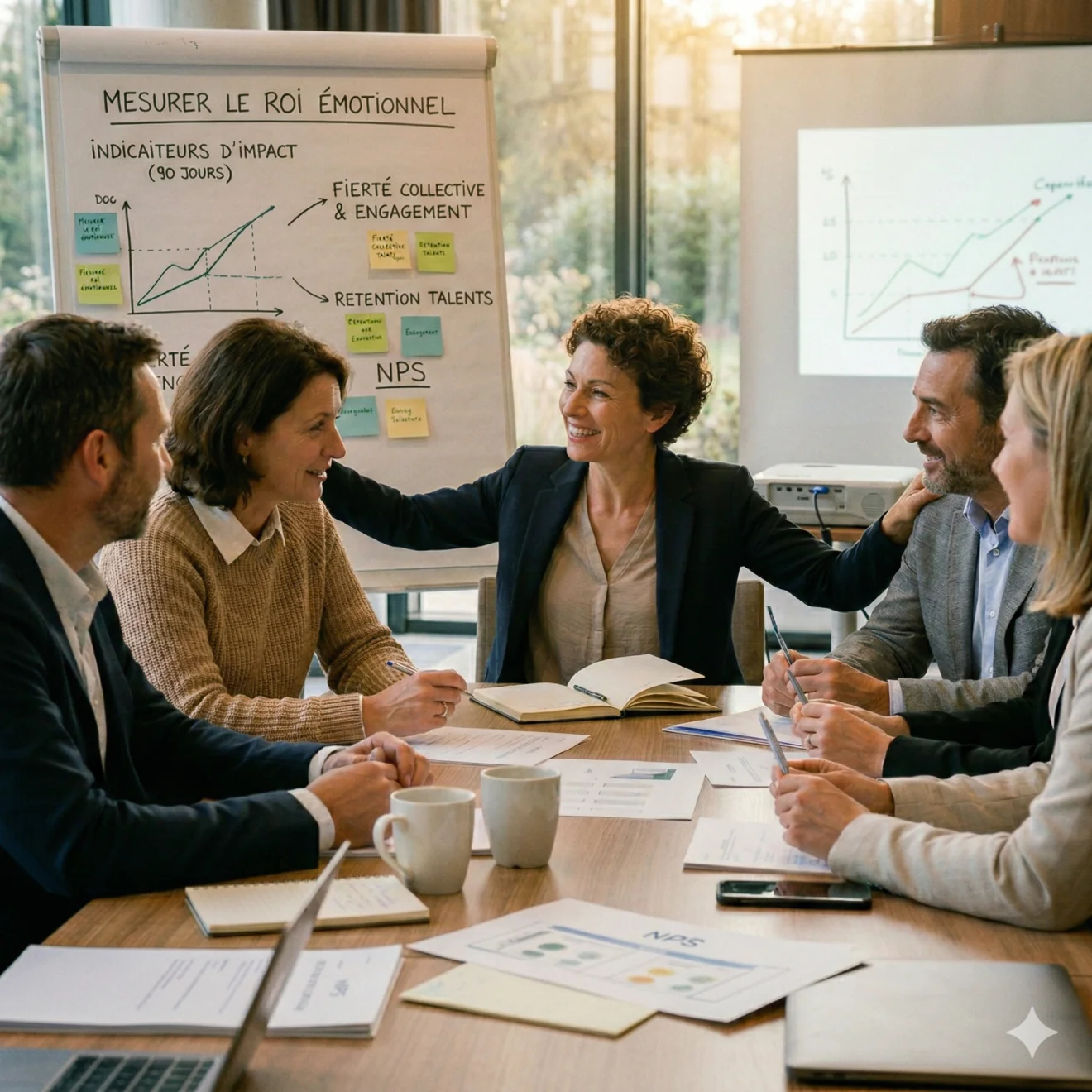 Un groupe de travail collaboratif échangeant avec enthousiasme autour d'un tableau blanc intitulé "Mesurer le ROI émotionnel