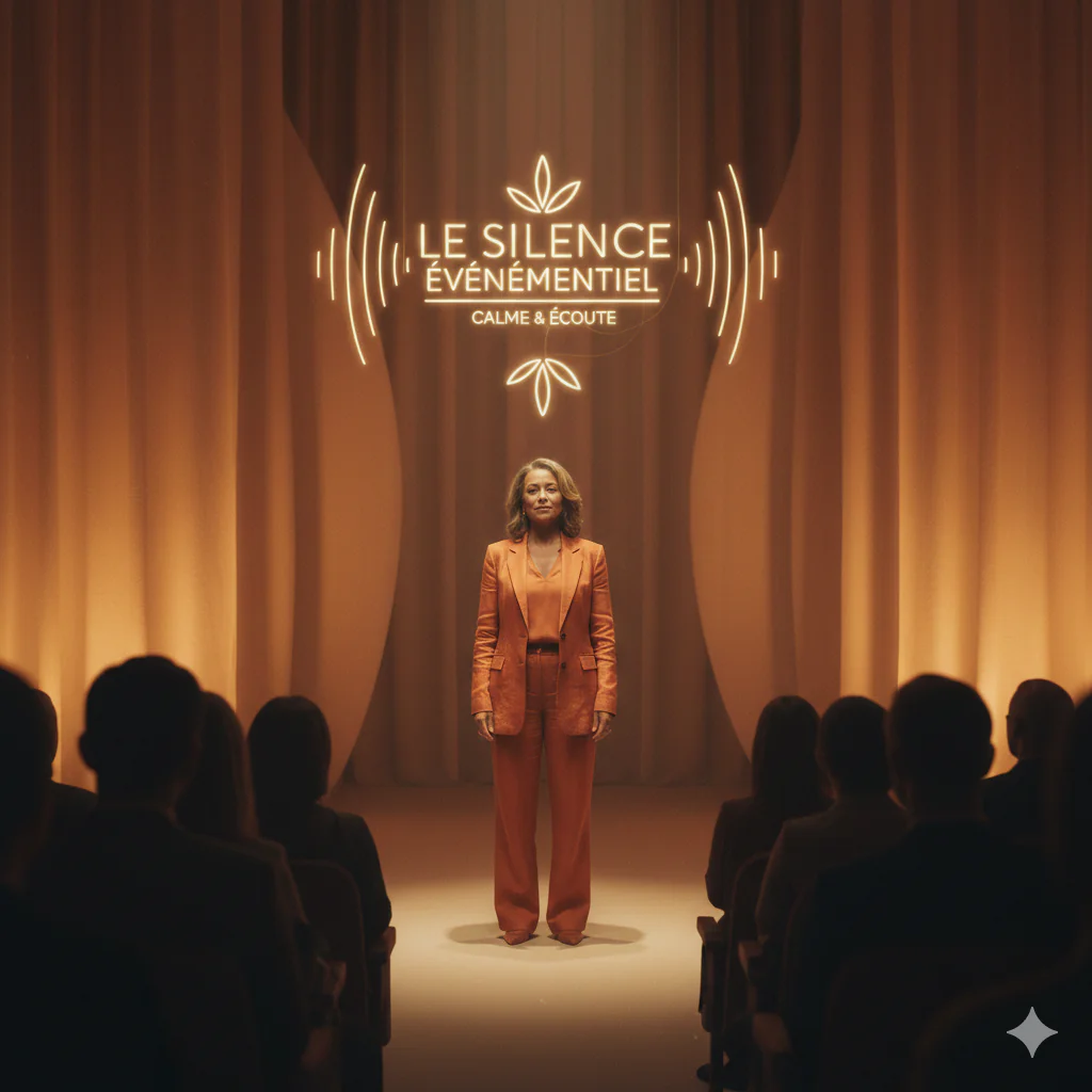 Une oratrice seule en scène, debout sous un projecteur, vêtue d'un costume orange chaleureux. Elle fait face à un public dont on ne voit que les silhouettes de dos. Au-dessus d'elle, le logo lumineux "Le Silence Événementiel : Calme & Écoute" est entouré d'ondes sonores stylisées, évoquant la puissance d'une pause dramatique dans un décor de rideaux minimalistes.
