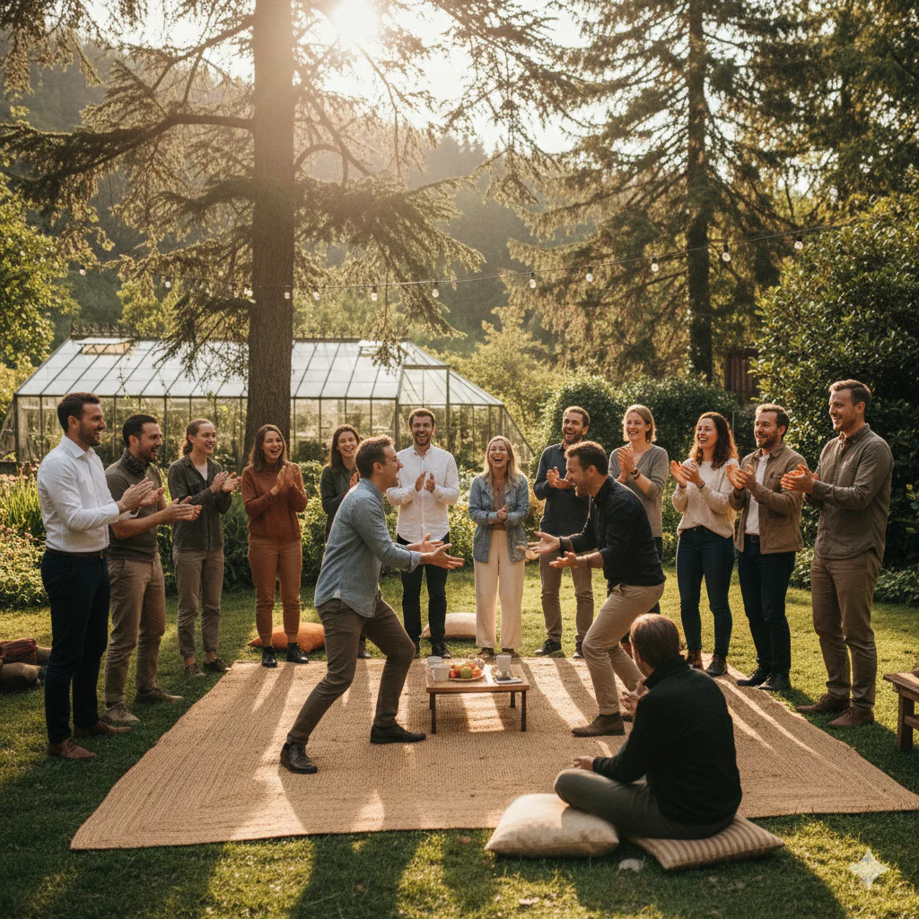 Équipe de travail réunie en cercle dans un parc pour une activité ludique et conviviale sous le soleil couchant
