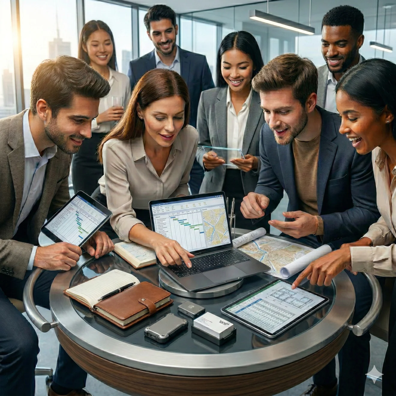 Équipe connectée collaborant sur des projets numériques et plans stratégiques