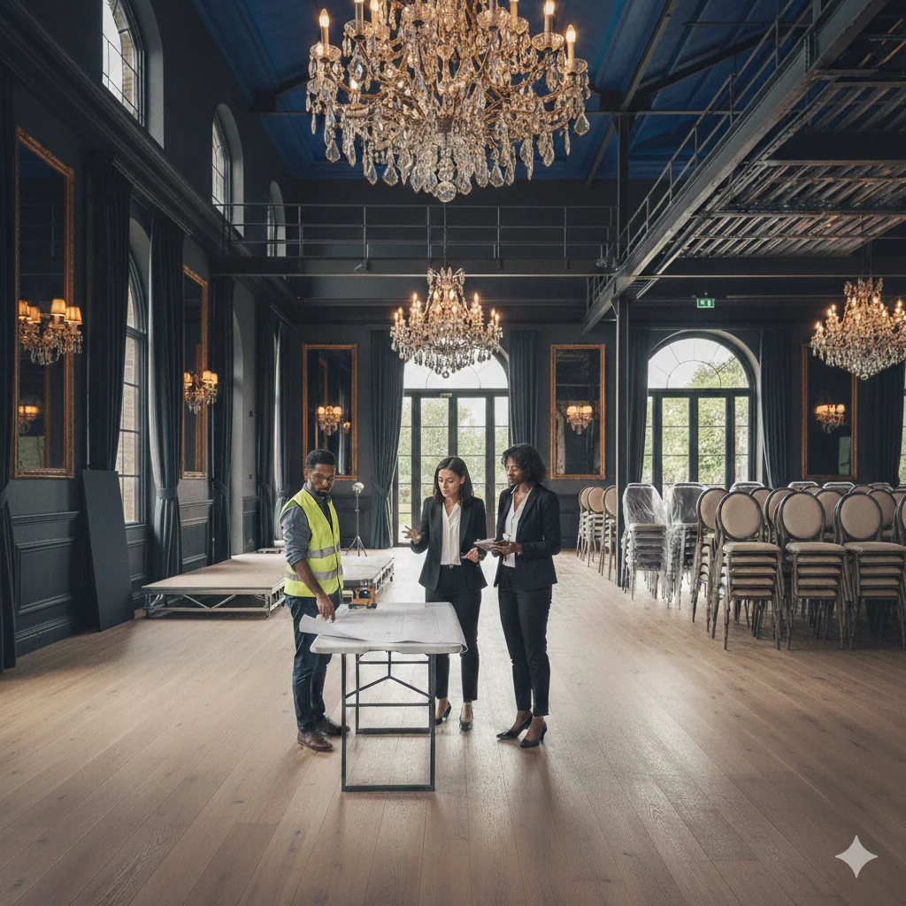 Trois professionnels de l'événementiel, dont un technicien en gilet de haute visibilité, examinent des plans au centre d'une salle de réception prestigieuse avec lustres en cristal et chaises empilées.