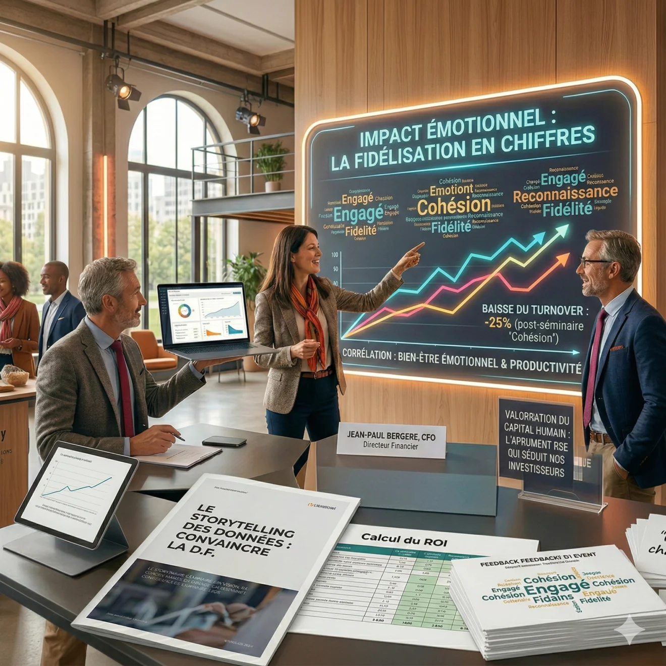 Des professionnels analysent des graphiques de performance et de cohésion sur un écran géant et des supports imprimés pour convaincre la direction financière.