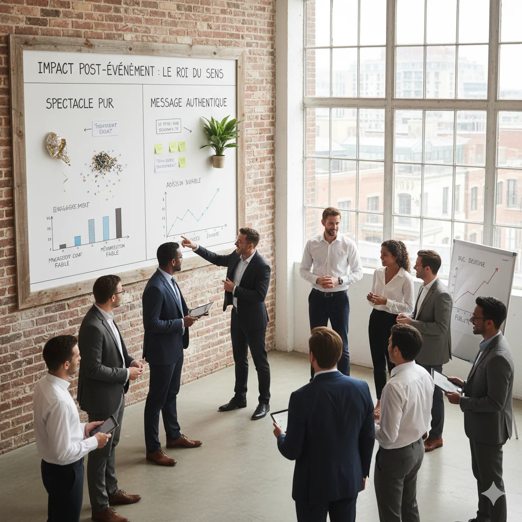Une équipe de professionnels en réunion dans un bureau de style industriel, analysant des graphiques de performance sur un tableau blanc pour mesurer le retour sur investissement d'un projet.