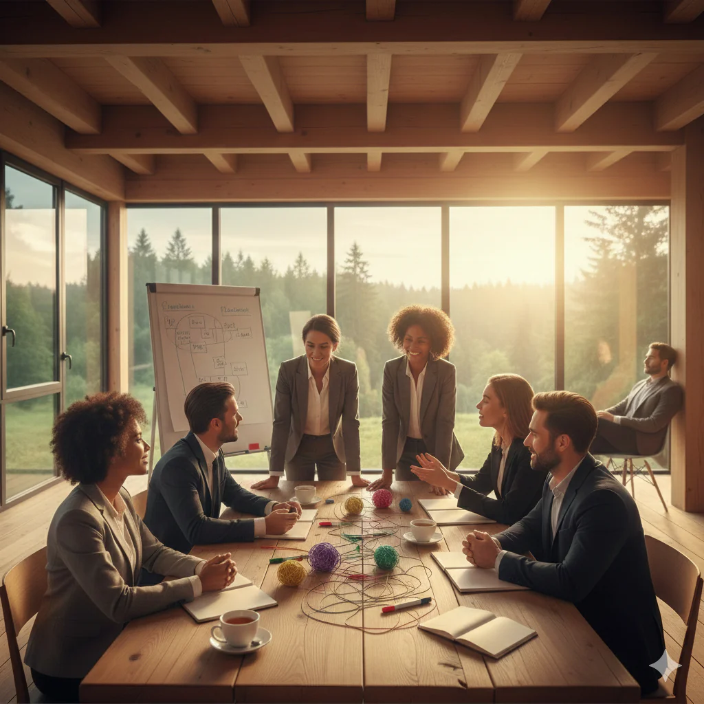 Dans une salle lumineuse à l'architecture moderne et boisée, une équipe travaille debout autour d'une table parsemée de pelotes de laine colorées et de carnets. L'absence d'écrans souligne une collaboration dynamique et une créativité retrouvée.