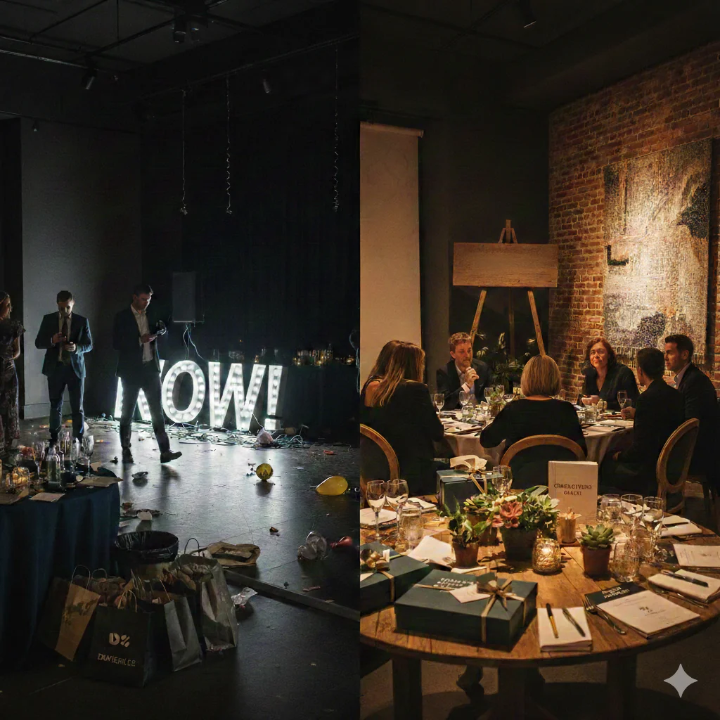 mage contrastée montrant à gauche une salle de fête après l'événement et à droite un dîner professionnel studieux et structuré.