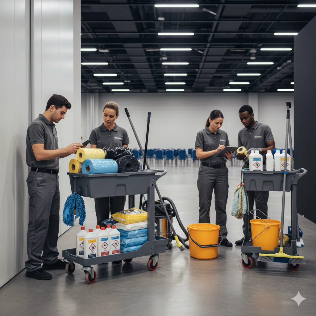 Équipe de nettoyage événementiel professionnelle préparant le matériel : chariots, produits d'entretien, sacs poubelles et tablettes de suivi dans une grande salle de réception.