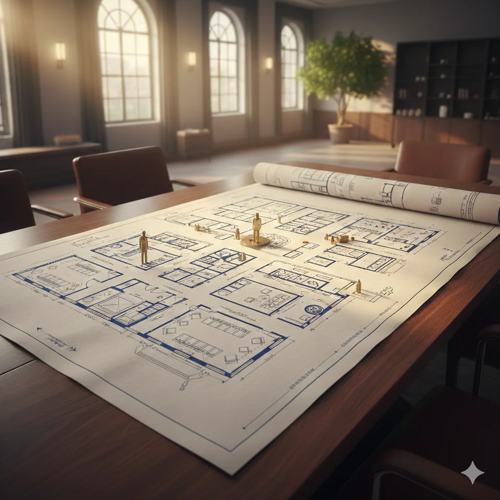 Un plan d'implantation étalé sur une table de réunion, avec de petites figurines dorées pour visualiser les flux
