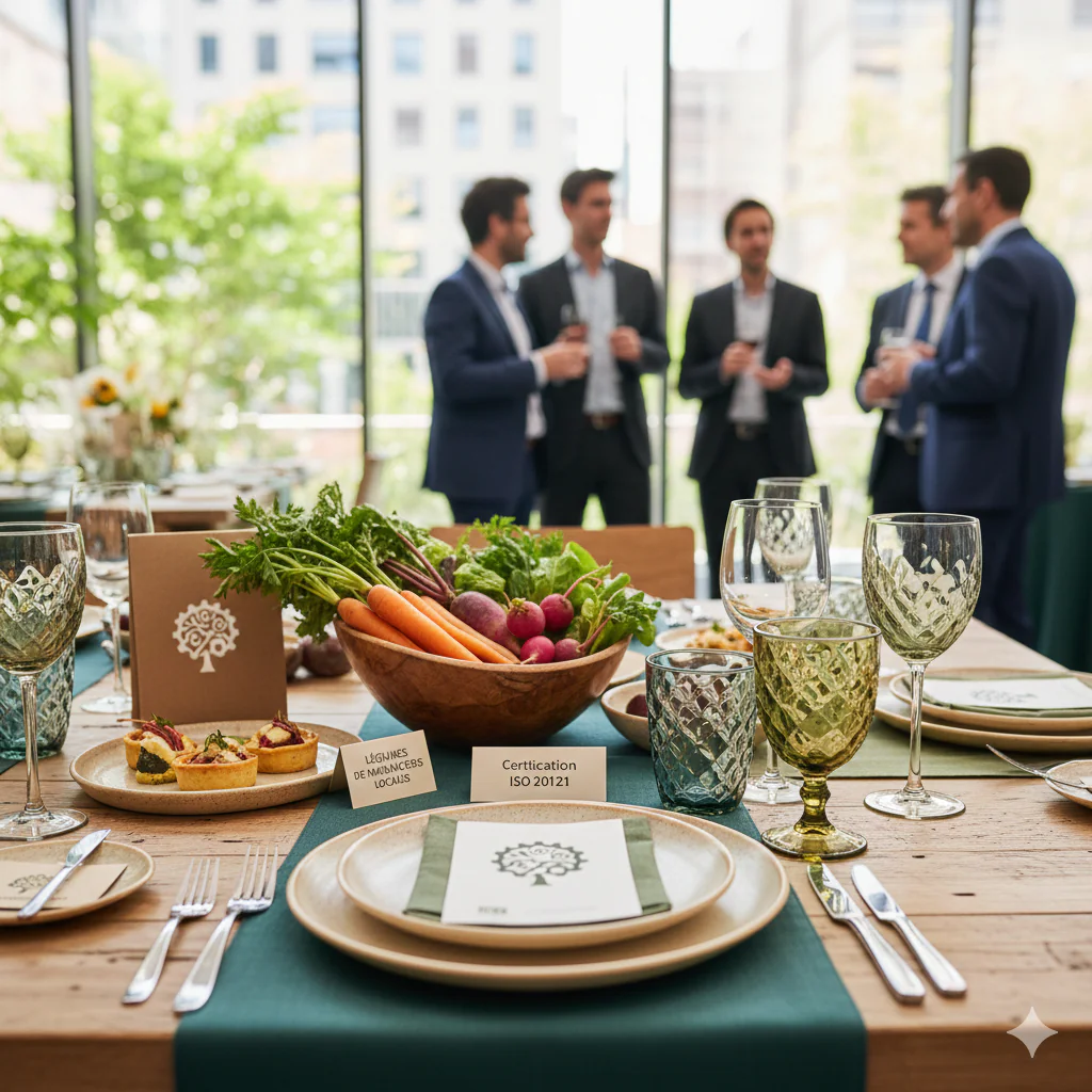 Un gros plan sur une table en bois avec des légumes frais du marché et des petits panneaux mentionnant "Légumes locaux" et "Certification ISO". En fond, des invités discutent, liant l'assiette aux valeurs éthiques