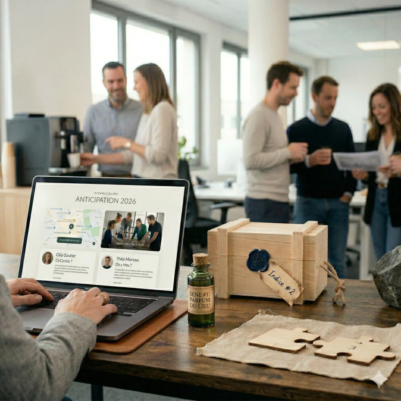 Préparation de l'événement "Anticipation 2026" avec objets sensoriels et portail web.