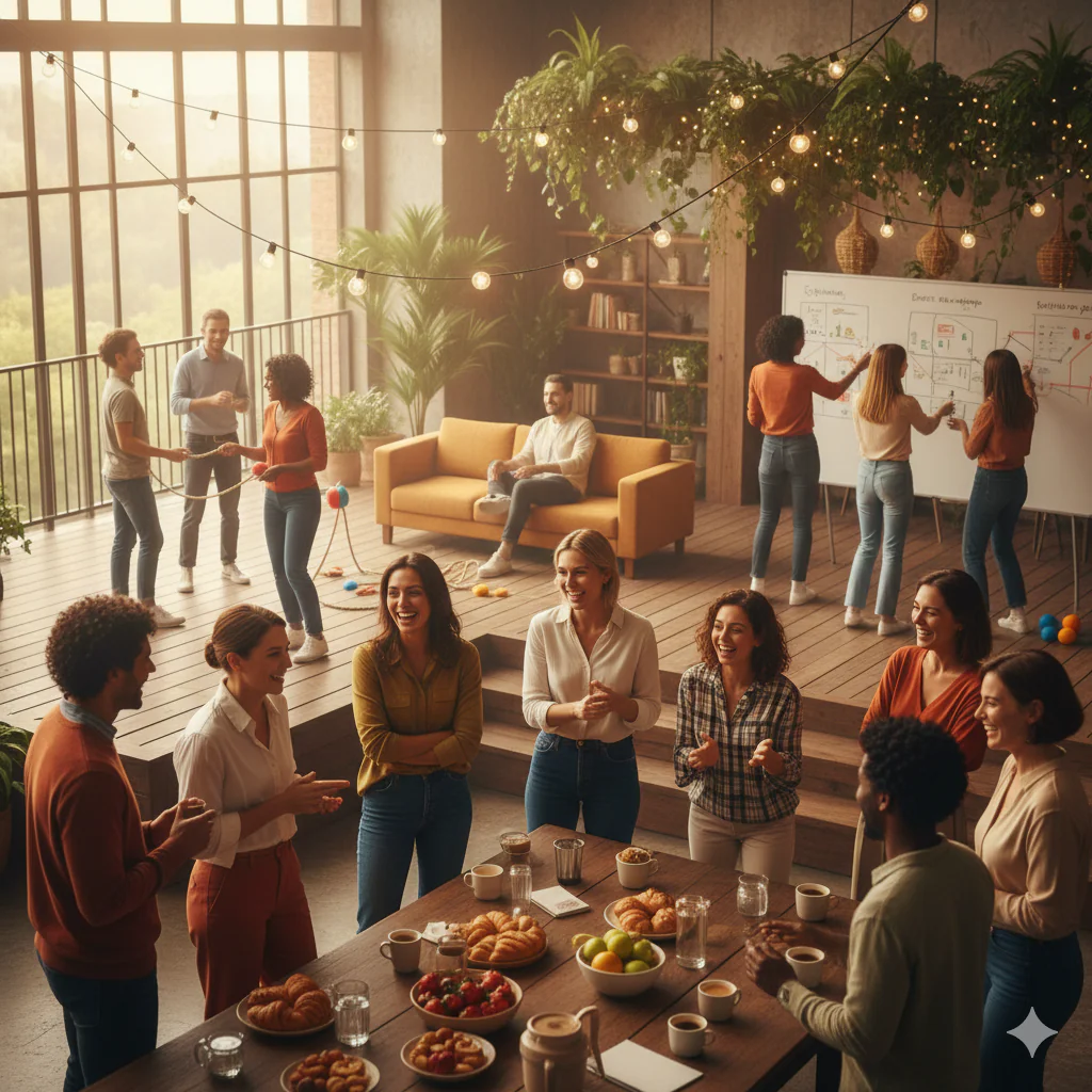 Échanges collaboratifs et moments de convivialité entre salariés lors d'un séminaire d'entreprise axé sur l'humain et la créativité