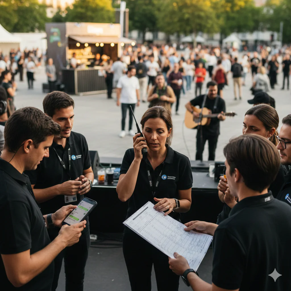 "Équipe d'organisation d'événement communiquant calmement par radio et smartphone en arrière-plan d'un festival."