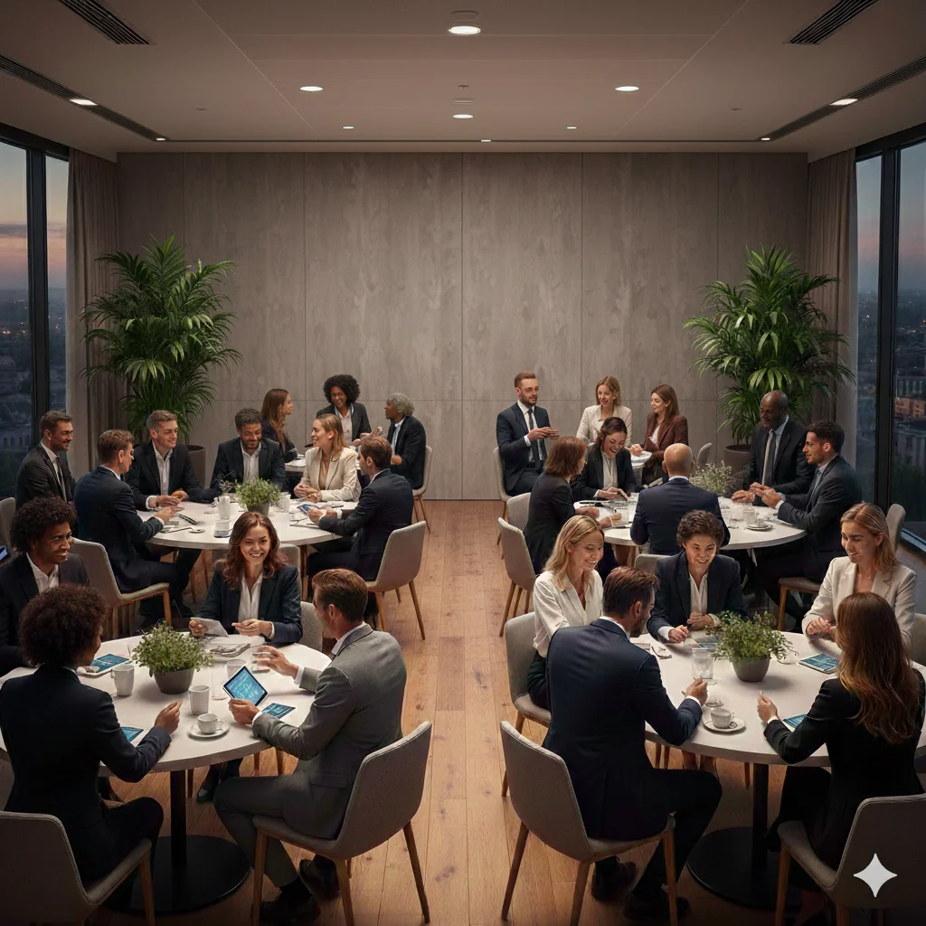 Dîner professionnel, mais avec un mur gris neutre sans technologie.