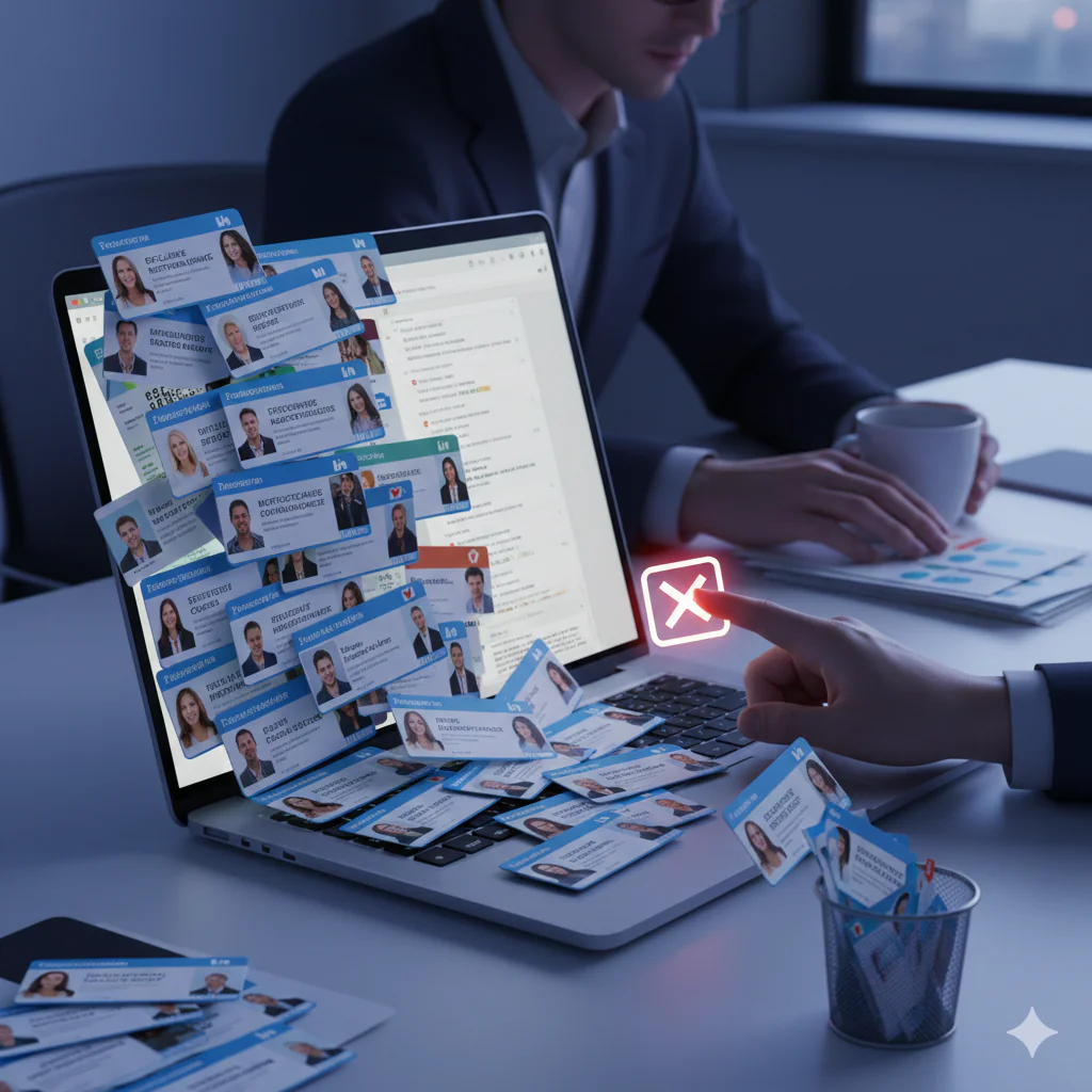 Une main rejette d'un clic une avalanche de notifications et de cartes de visite virtuelles qui saturent l'écran d'un ordinateur.