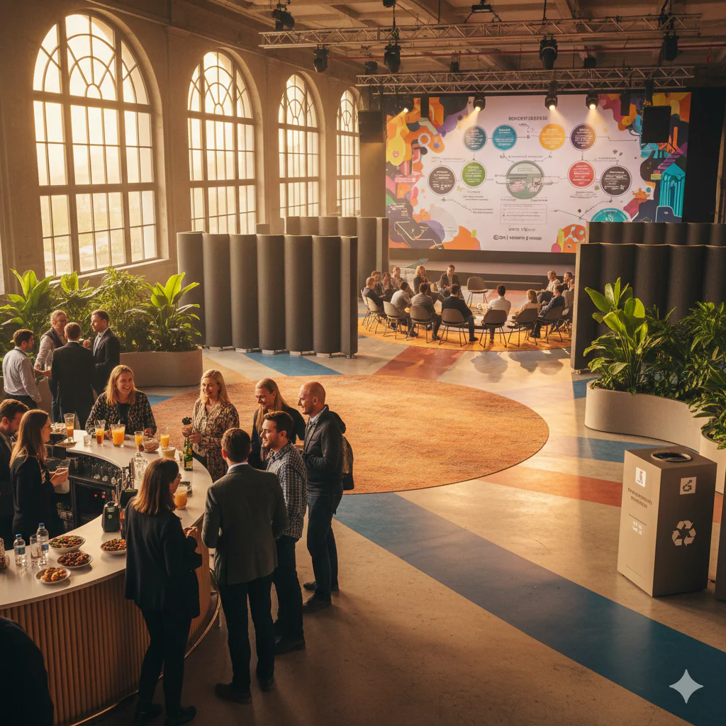Une vue d'ensemble d'un événement moderne baigné de lumière, montrant un bar courbé et des zones de discussion circulaires.