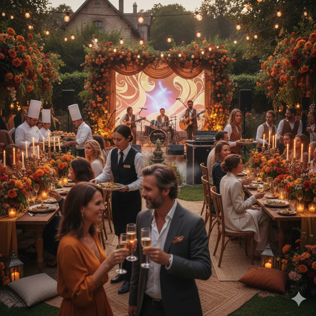 Une réception élégante en extérieur aux tons chauds, où des invités trinquent joyeusement tandis que le personnel de service s’active discrètement en arrière-plan. La scène est sublimée par des guirlandes lumineuses, des compositions florales automnales et un orchestre live.