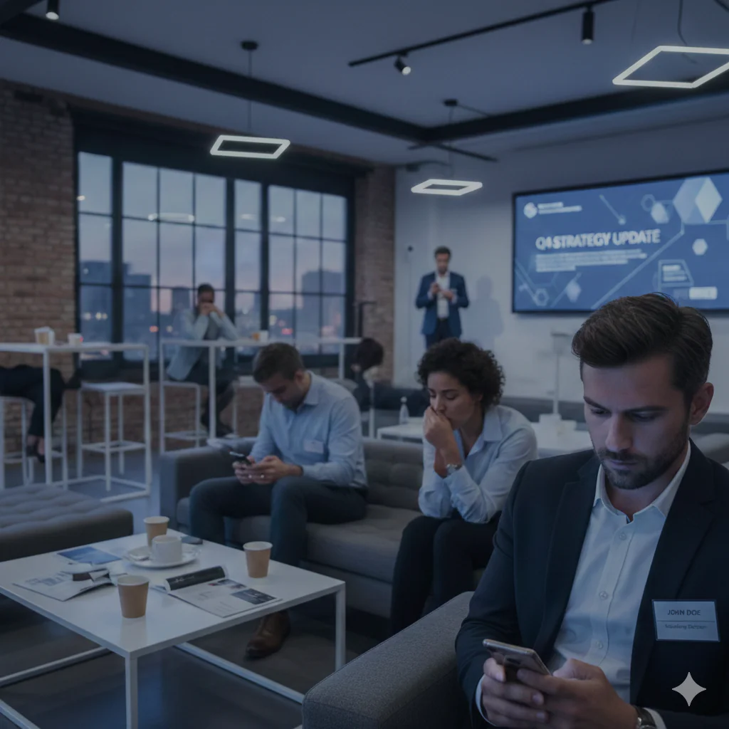 Un cadre las consulte son téléphone au premier plan, tandis qu'une audience désengagée ignore une présentation générique en arrière-plan.