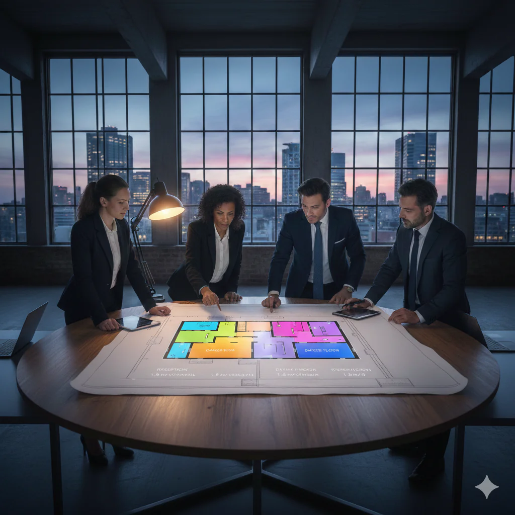 Une équipe de quatre collaborateurs en tenue professionnelle collabore autour d'une grande table ronde, analysant un plan de salle coloré et détaillé sous une lampe d'architecte, avec une vue urbaine en arrière-plan.