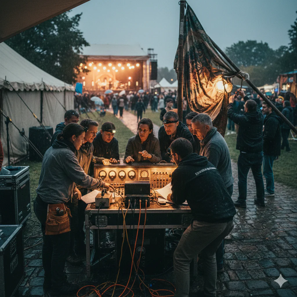 Équipe technique d'un festival en plein air s'activant sous la pluie autour d'une console de contrôle pour gérer un imprévu, avec une scène illuminée en arrière-plan.