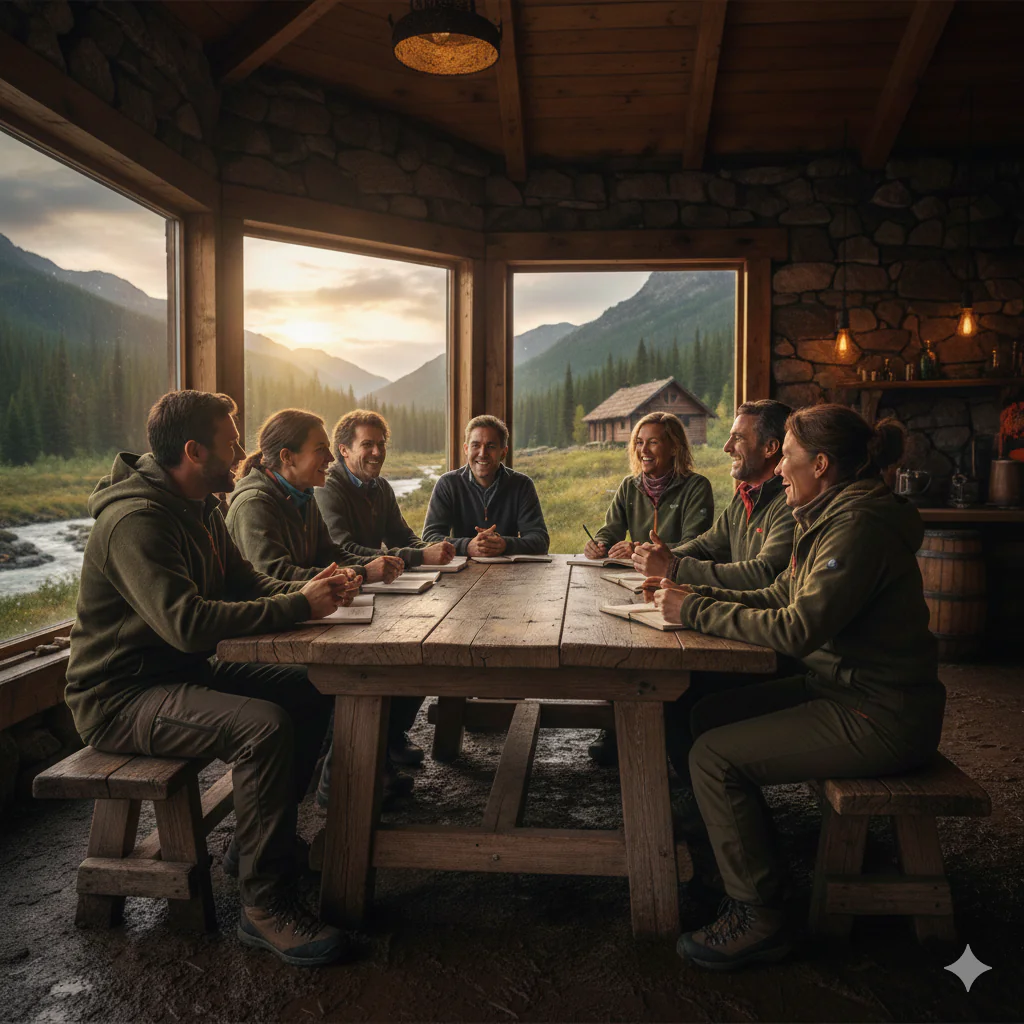 Un groupe de collaborateurs échange chaleureusement autour d'une grande table en bois brut dans un chalet authentique. De larges baies vitrées ouvrent sur une forêt et une rivière au crépuscule, illustrant la reconnexion humaine en plein air.