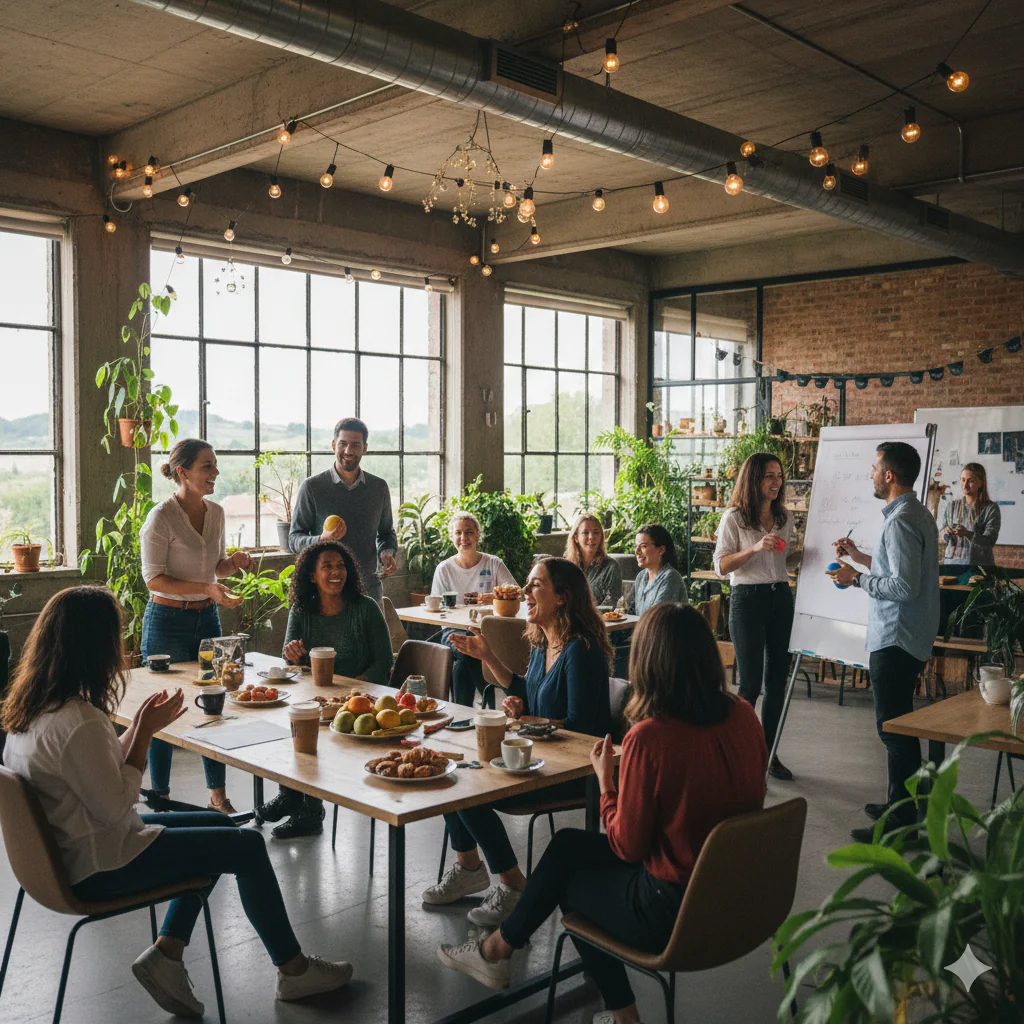 Échanges collaboratifs et moments de convivialité entre salariés lors d'un séminaire d'entreprise axé sur l'humain et la créativité