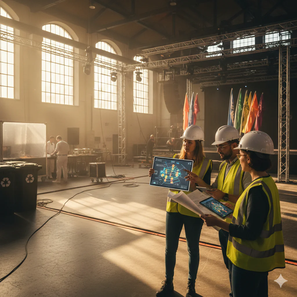 Trois professionnels en gilets de sécurité et casques analysent un plan numérique sur tablette dans un grand hall en montage