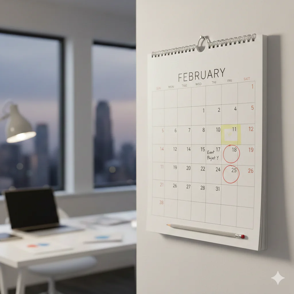 Gros plan sur un calendrier mural affichant le mois de février dans un bureau moderne, avec des dates entourées en rouge