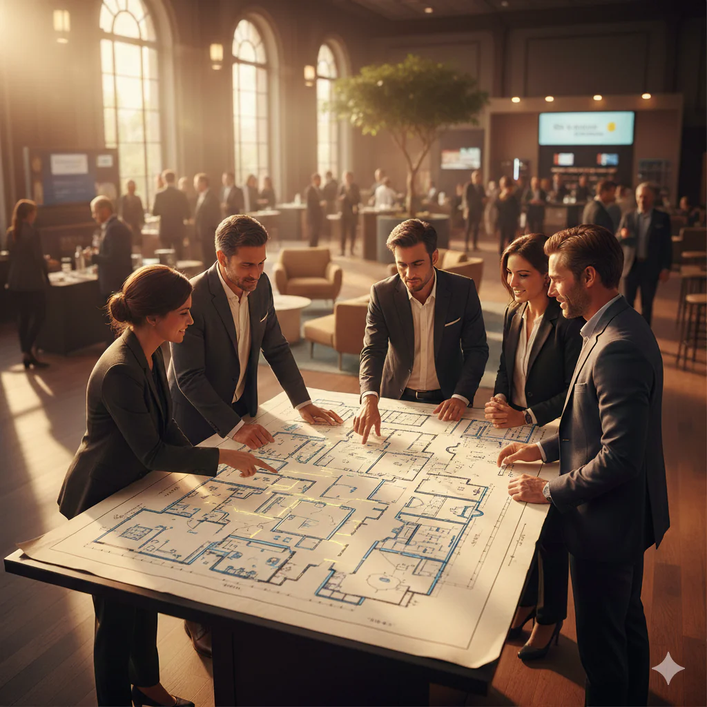 Un groupe de professionnels en costume échange autour d'un grand plan d'implantation posé sur une table.