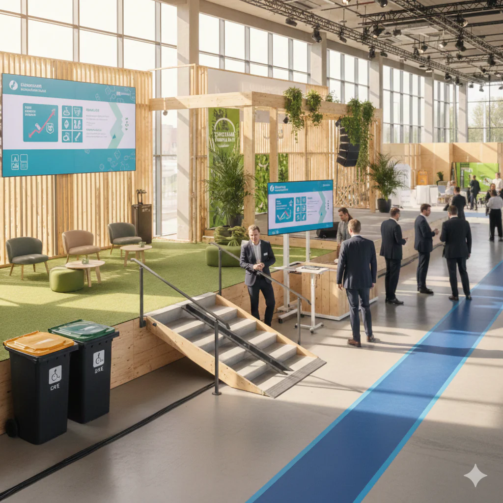 Un espace événementiel durable avec des structures en bois clair, de la végétation et des bacs de tri sélectif visibles