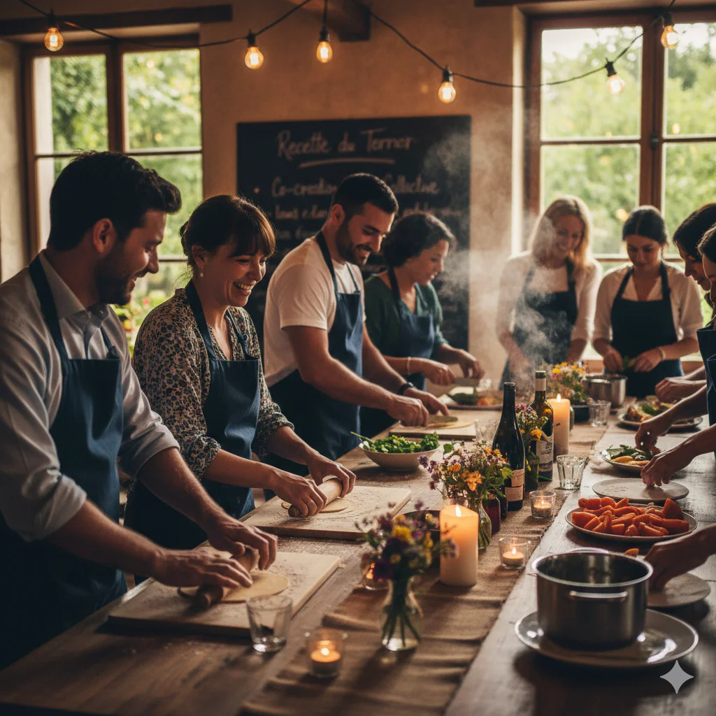 « Photographie d'un atelier culinaire collaboratif dans une cuisine baignée d'une lumière chaude et naturelle. Un groupe mixte de participants, portant des tabliers, prépare joyeusement des produits locaux autour d'une grande table en bois ornée de bougies. En arrière-plan, un tableau noir évoque la co-création et le partage, illustrant la transformation d'un repas en une expérience humaine collective.