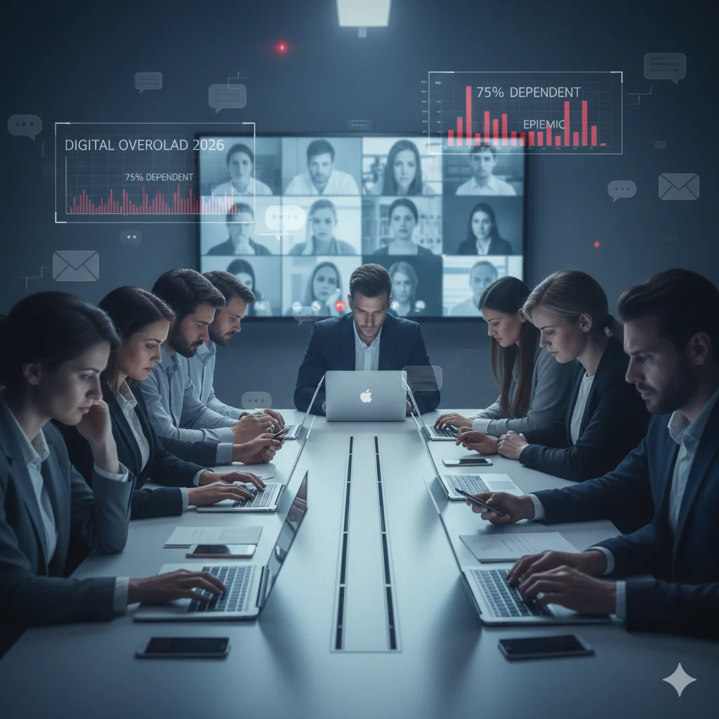 Une salle de réunion sombre et clinique où des cadres, penchés sur leurs ordinateurs et smartphones, ignorent un écran géant de visioconférence. Des graphiques flottants affichent "75% Dependent", symbolisant l'isolement et la saturation technologique.