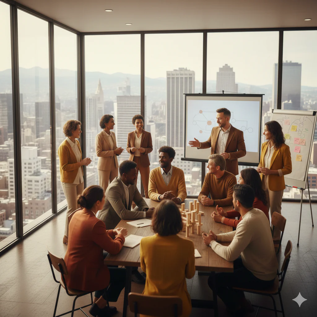 Une équipe collabore dans un loft lumineux aux tons chauds, travaillant ensemble sur des maquettes de ponts en bois. Cette scène illustre l'ingénierie relationnelle et la création de liens solides entre collaborateurs lors d'un événement de cohésion