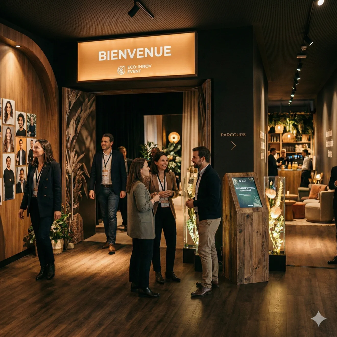 Accueil chaleureux sous une enseigne "BIENVENUE", illustrant la posture stratégique et une scénographie soignée.