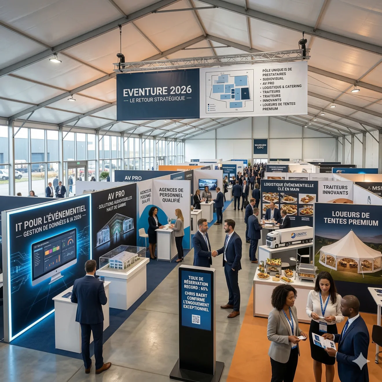 Accueil du salon et zone de rendez-vous d'affaires stratégiques.