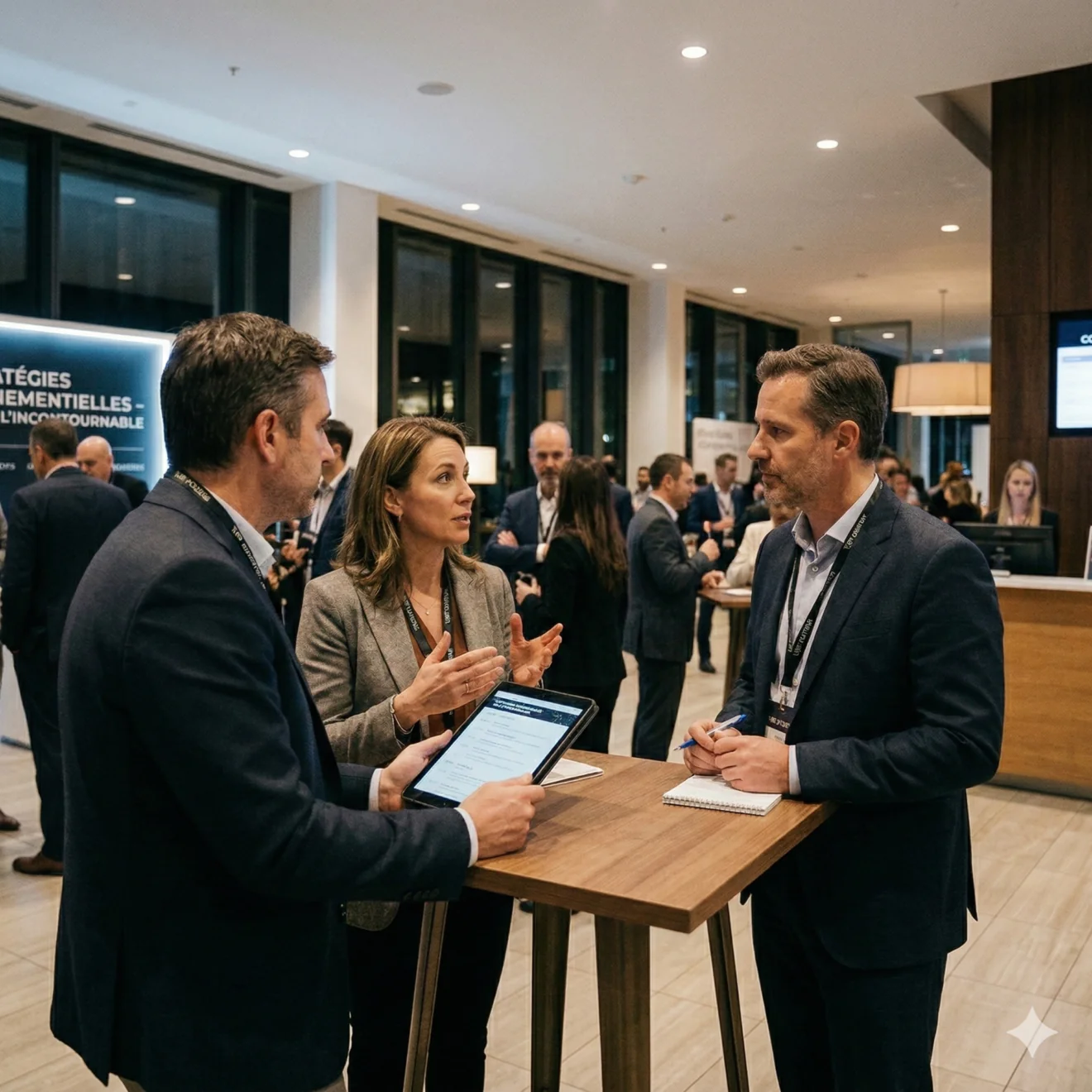 Networking stratégique entre experts autour d'une tablette lors d'un événement corporate.